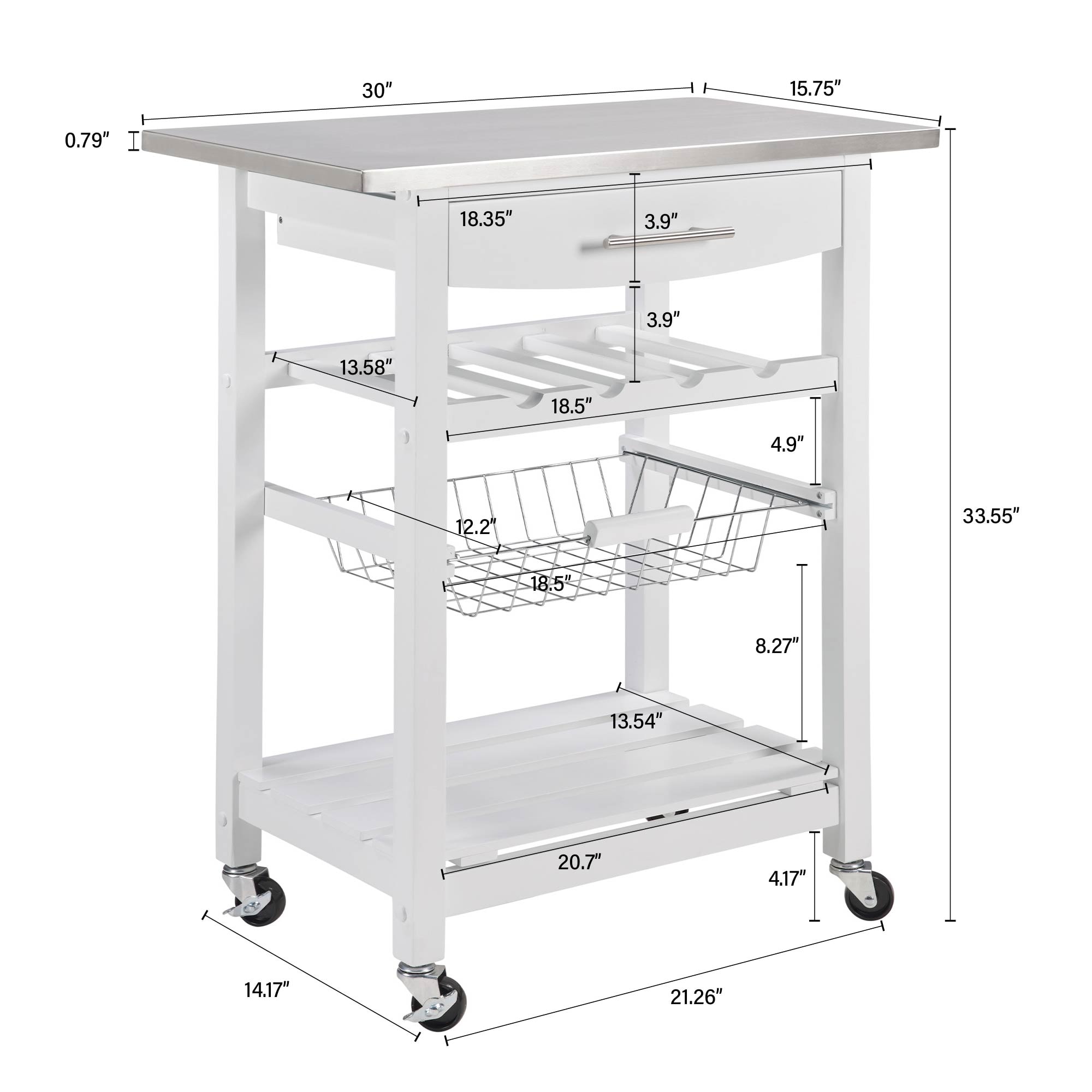 Mobile Rolling Kitchen Island Trolley Serving Cart With Underneath Drawer & Slide-Out Wire Storage Basket_voghion.com